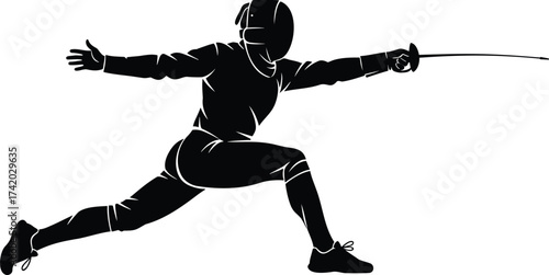 Fencer in a lunge attack pose, dynamic combat sport silhouette vector illustration