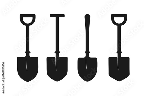 Vector set of construction and gardening shovels, four types in silhouette, isolated icons, spades with round, square, pointed blades, ergonomic handles, black tools, digging equipment illustration
