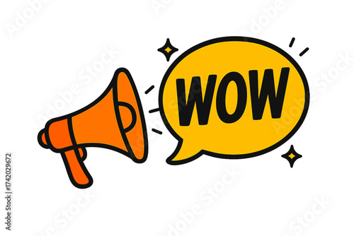 Vector illustration of orange megaphone with speech bubble saying WOW, comic pop art style, exclamation, announcement, surprise, social media, marketing concept, isolated on white background