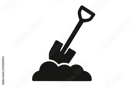 Shovel in soil icon for digging and construction work. Vector illustration of gardening and excavation equipment. Spade in dirt or ground symbol for agriculture and manual labor.