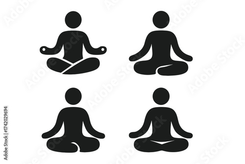 Yoga meditation pose icon set. Silhouette vector illustration of people in lotus position for meditation, mindfulness, relaxation, wellness, yoga classes, health, calmness, zen, gym fitness concepts