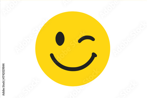 Winking smiley face vector icon. Happy yellow emoji with a playful expression. Emoticon for positive emotion, fun, joy, flirt, humor, joke. Cute character flat design symbol.