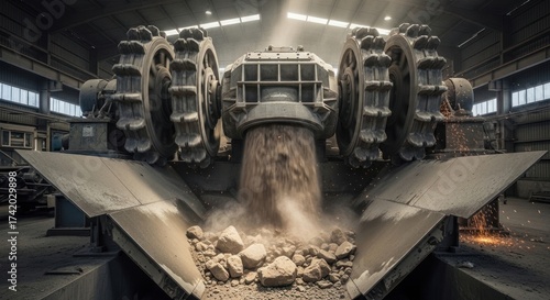 Heavy Duty Industrial Rock Crusher Machine in Operation, Processing Raw Materials in a Dusty Factory Environment with Sparks Flying