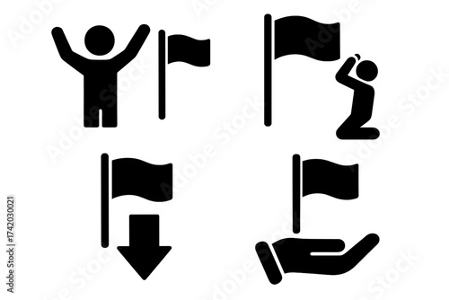 Surrender and defeat icon set. Vector illustration of giving up, capitulation, and failure. Man kneeling, hands up, flag down concepts for business or war metaphor.