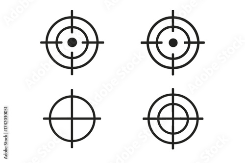 Target icon set for aim and focus vector design. Shooting target symbol and crosshair collection. Metaphor for goal, strategy, objective, precision, accuracy, and success.