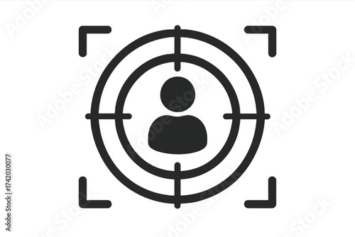 Target market icon for customer focus and audience segmentation. Vector of person in crosshairs for marketing, niche demographic research, and business strategy. Headhunting concept.