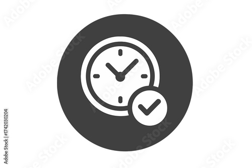 Time management icon with check mark. Productivity, efficiency, and success symbol. Clock and approved sign for project deadline, schedule, and task management vector.