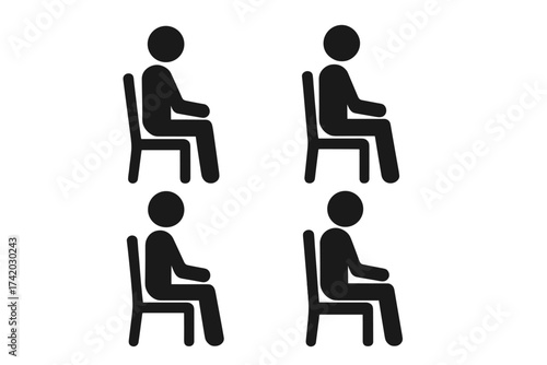 Training, workshop, teaching icon set. People sitting on chairs in a classroom or conference. Audience at a seminar or presentation. Business meeting or waiting room pictogram.