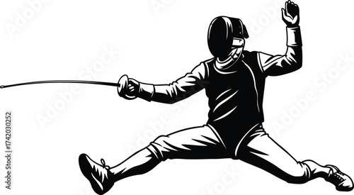 Fencer lunging in an attack, dynamic combat sport vector illustration