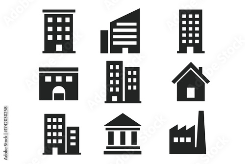 Building icon set. Vector collection of urban architecture symbols. City house, office, bank and factory silhouettes. Real estate property pictogram for web and app design.