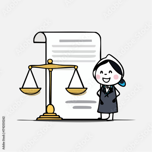 Equality in Law: This charming illustration embodies the essence of justice, where a balanced scale stands alongside a document symbolizing law, overseen by a figure representing fairness.