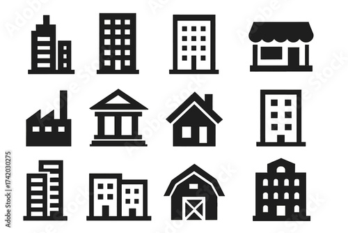 Building icon set. City architecture symbols. Real estate, construction business. Vector pictogram collection. House, office, bank, store, factory, apartment, barn silhouettes.