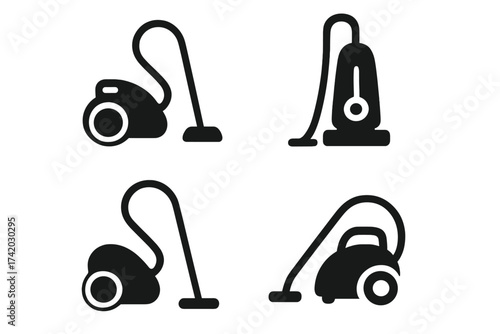 Vacuum cleaner icon set. Cleaning service symbol. Housekeeping equipment graphic. Hoover, upright, canister vacuum pictogram collection. Domestic appliance for floor cleaning.