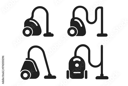 Vacuum cleaner icon set. Vector collection of household cleaning machine symbols. Domestic appliance graphic for housekeeping. Flat black silhouette isolated illustration.