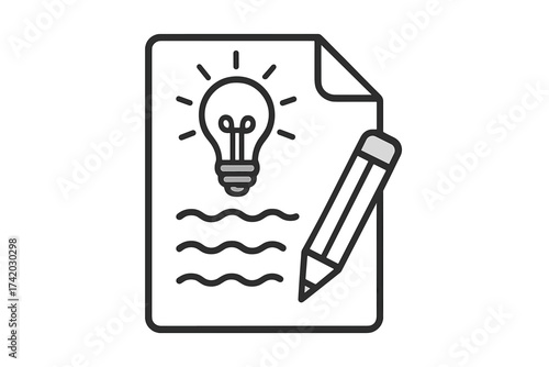 Creative idea on paper with pencil icon. Invention, innovation, solution concept. Writing, copywriting, content creation. Brainstorming, strategy, planning, documentation.