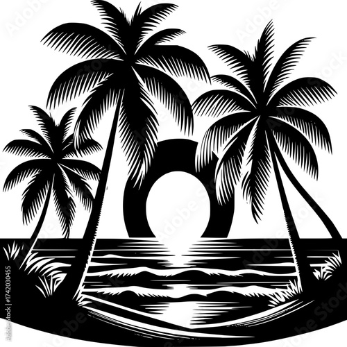Tropical Sunset Silhouette: Palm trees sway gracefully against a radiant sunset, their silhouettes casting a dramatic scene over the serene ocean waves.