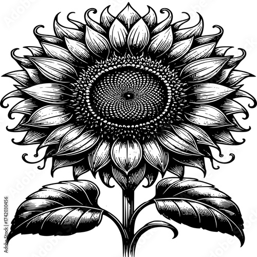 Sunflower's Intricate Pattern: A detailed monochrome illustration of a sunflower, showcasing its elaborate spiral center and layered petals, symbolizing growth and vitality.