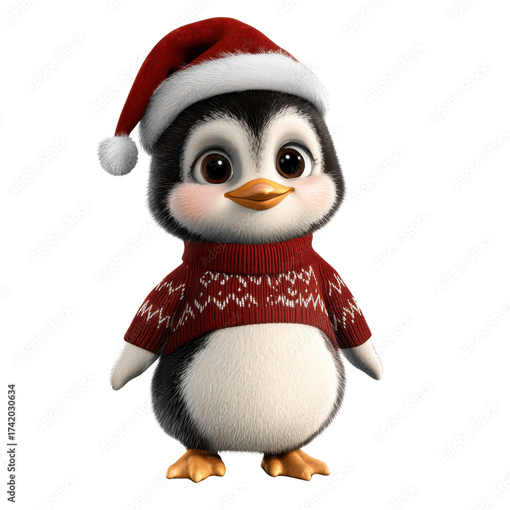 Fototapeta premium Cute cartoon penguin character wearing a Christmas sweater and Santa hat, ready to celebrate the holiday season with joytransparent background