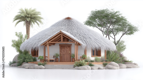 Rustic round hut with tropical thatched roofing