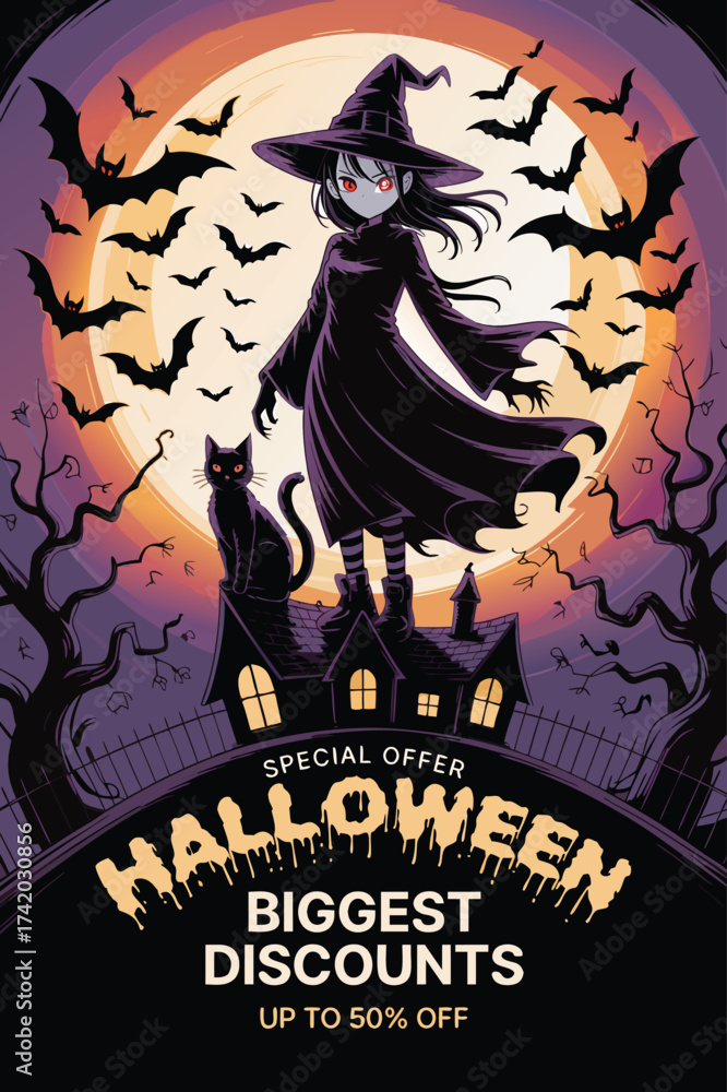 Fototapeta premium halloween background with witch and pumpkin