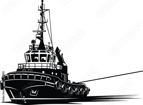 Powerful harbor tugboat pulling a tow line, marine vessel vector illustration
