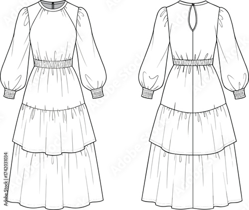 Tiered puff sleeve dress technical flat sketch, gathered waist, round neckline, keyhole back, front and back view, vector fashion CAD illustration