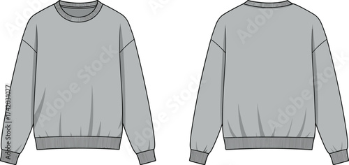 Basic crewneck sweatshirt technical flat sketch, long sleeve, ribbed cuffs hem neckline, simple design, front and back view, vector fashion CAD illustration