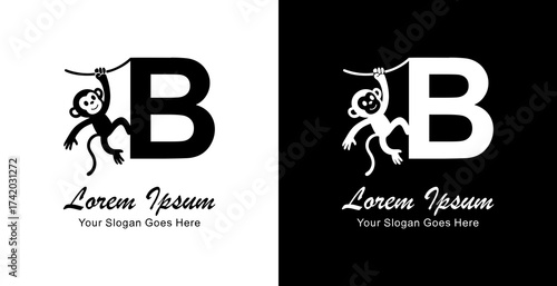 The logo design of a monkey hanging combined with the letter B