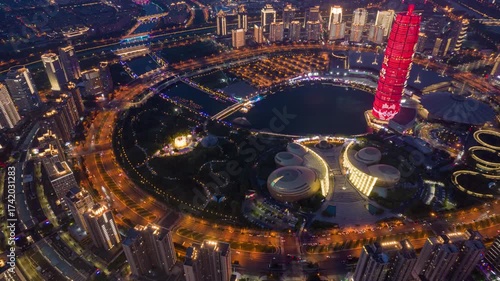Zhengzhou City Center Night Aerial View with Illuminated Plaza and Modern Architecture China