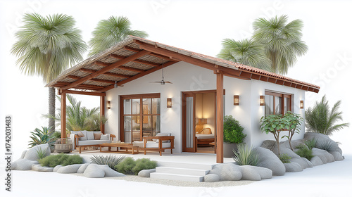 Eco-friendly palm hut surrounded by green landscape