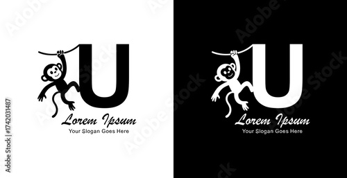 The logo design of a monkey hanging combined with the letter U