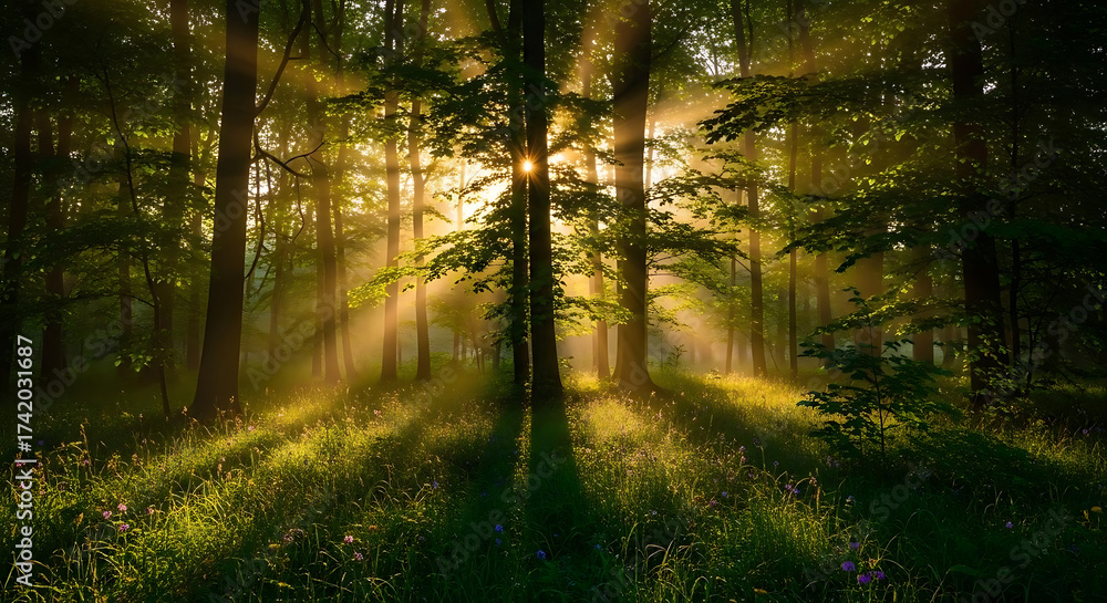 Naklejka premium Sunlight streaming through a dense forest illuminating the trees and the grassy ground below ai generated