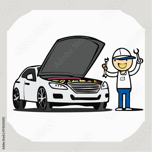 Automotive Technician: A skilled auto mechanic is depicted diligently servicing a sleek car, inspecting its engine with precision. A symbol of expertise.