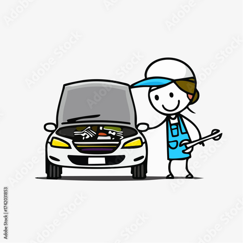 Automotive Artisan: An illustration of a mechanic girl working on a car engine, representing automotive service and vehicle maintenance, focusing on the car's motor.