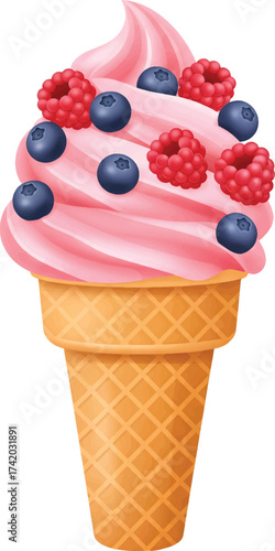 Vector Illustration Delicious Soft Serve Ice Cream Cone Topped with Berries