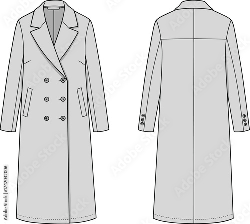 Double breasted coat technical flat sketch, long outerwear design, notched lapel collar, welt pockets, front and back view, vector fashion CAD illustration