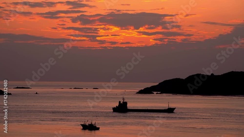 Sunset Time Lapse Over Zhoushan Islands Harbor with Ships and Boats in Golden Waters
