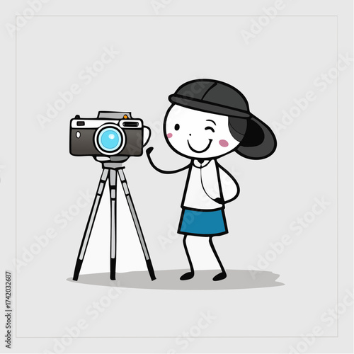 The Photographer's Wink: An adorable cartoon character, brimming with enthusiasm, cheerfully waves beside their camera, ready to capture the world's beauty. A scene of creativity and passion.
