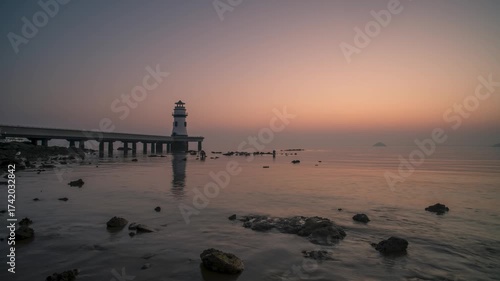 Zhuhai Lighthouse Sunrise Time Lapse - China Coastal Tourism Destination with Pier and Ocean View
