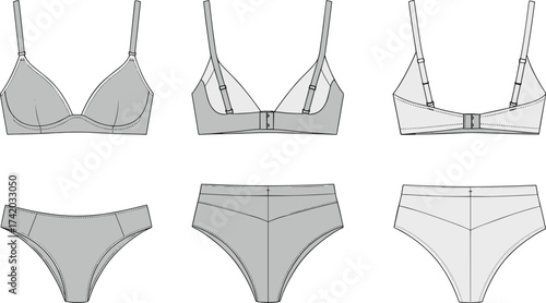 Women lingerie technical flat sketch, bras and panties set, front and back view, vector fashion CAD drawing underwear illustration template
