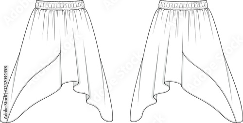 Asymmetrical hem skirt technical flat sketch, gathered waistband, flowing drape, front and back view, vector fashion CAD drawing illustration template