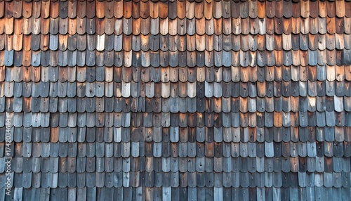 Weathered wooden shingles create a textured surface with varying shades of brown and gray