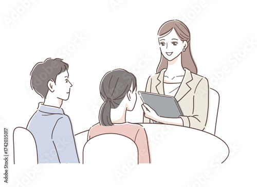窓口で説明を受ける若い夫婦と担当者のイラスト素材