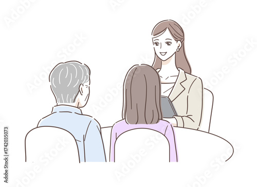 親子から相談を受ける担当窓口の女性のイラスト素材