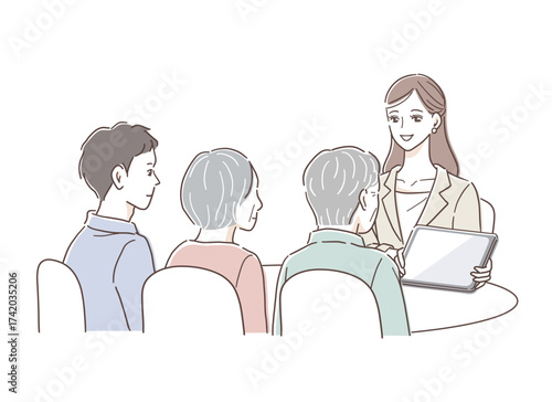  スーツの女性に相談するシニア夫婦と息子のイラスト素材