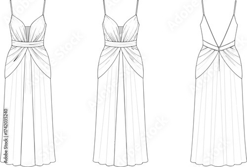 Women’s long dress technical flat sketch, fashion apparel vector template, spaghetti strap V‑neckline, draped layered skirt design, CAD clothing flat vector illustration