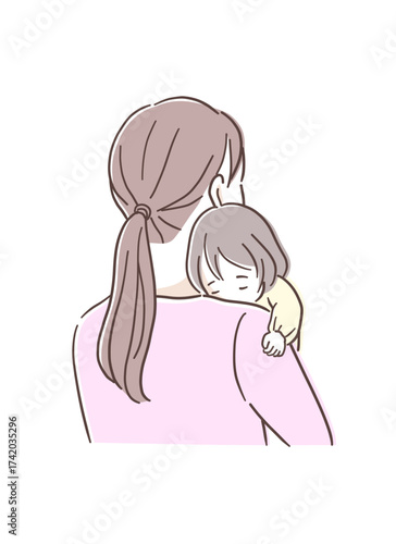 赤ちゃんを抱っこする後ろ姿の母親のイラスト素材