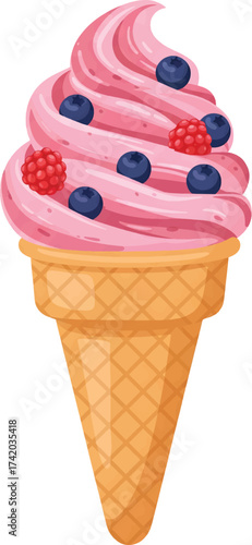 Vector Illustration Swirled Berry Ice Cream Cone with Toppings