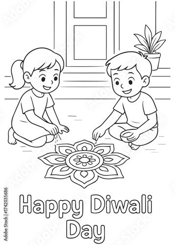 Coloring book kids making rangoli together with flowers and patterns Happy Diwali Day