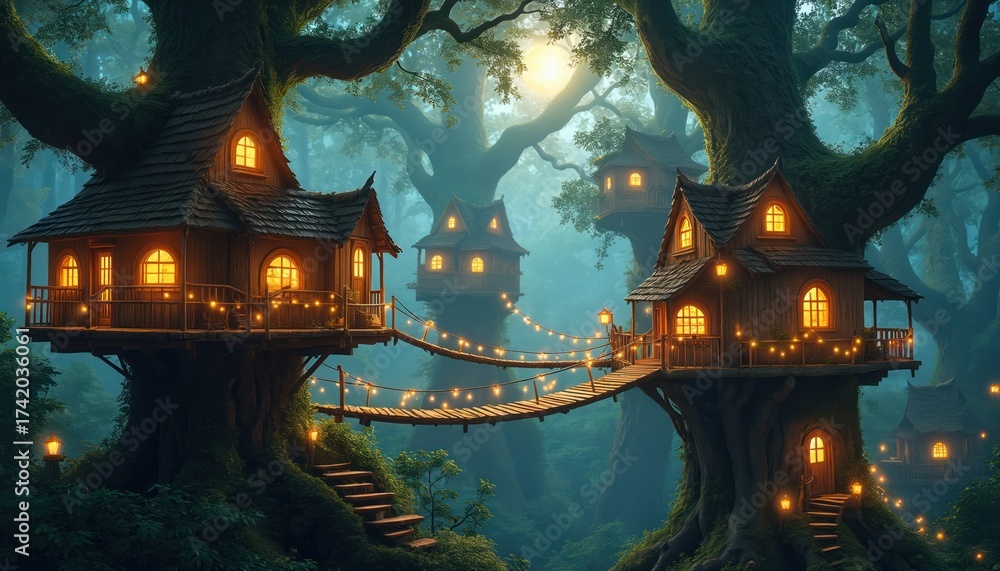 Obraz premium Magical forest village features cozy treehouses connected by glowing bridges. Lights illuminate wooden homes nestled in large ancient trees. Peaceful nature scene with whimsical architecture,